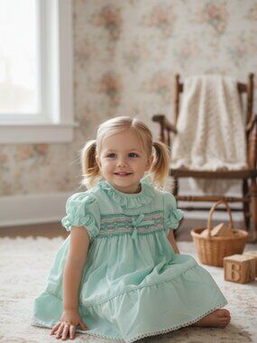 Vintage Hand Smocked Mint Green Toddler Dress 2T Puff Sleeve Lace Cottagecore